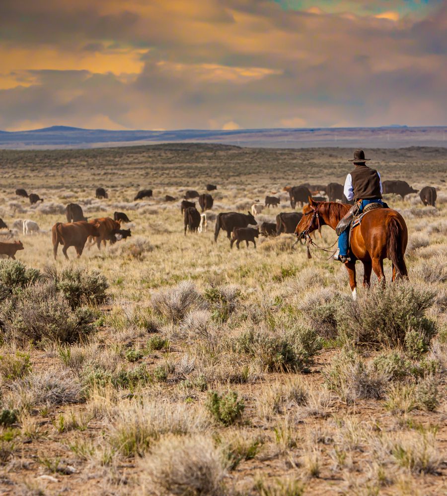 Cattle grazing on open ranchland at golden hour.